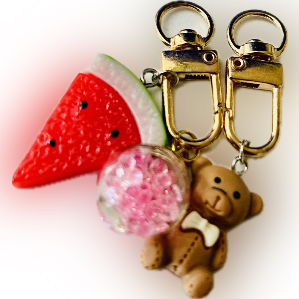 Set of TWO Cute Watermelon Fruit & Teddy Bear Charms Fashion Keyring Keychains